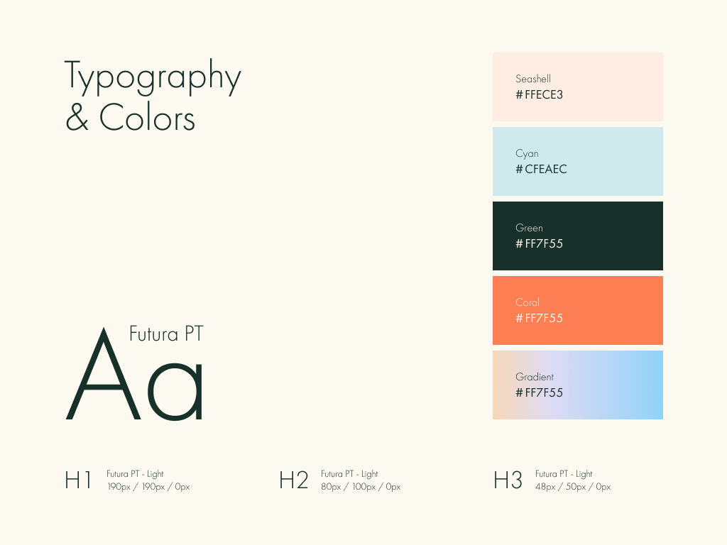 Design system components showing typography, colors, and UI elements